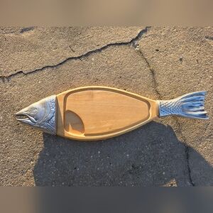 Decorative Fish-Shaped Serving Board - Natural Wood with Silver Accents